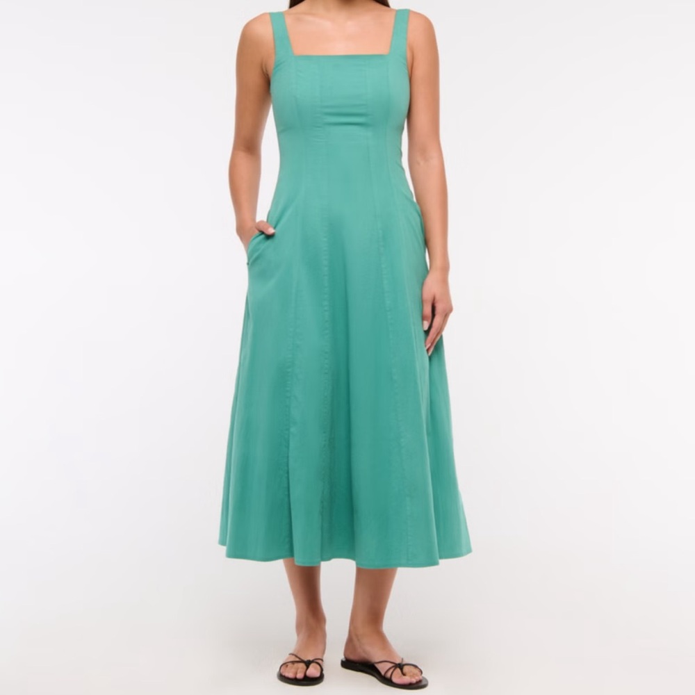 Abercrombie & Fitch Mila Stretch Midi Dress Green Square Neck Sundress BNWT